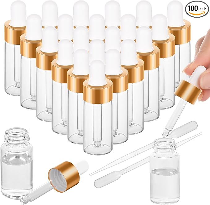 COTOM 100 Pack Mini Dropper Bottle for Cuticle Oil, 10ml Small Sample Essential Oil Dropper Bottles for Travel, Clear Empty Vails for Cosmetic Perfume