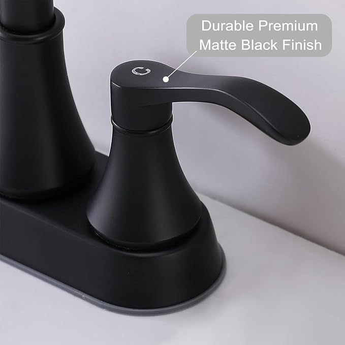 Matte Black Bathroom Sink Faucet, 2-Handle 4 Inch Centerset Lead-Free Modern Commercial, 360° Swivel High-Arc Spout Lavatory Vanity Faucets Set for Sink with Drain & Water Hoses, VALZST050B
