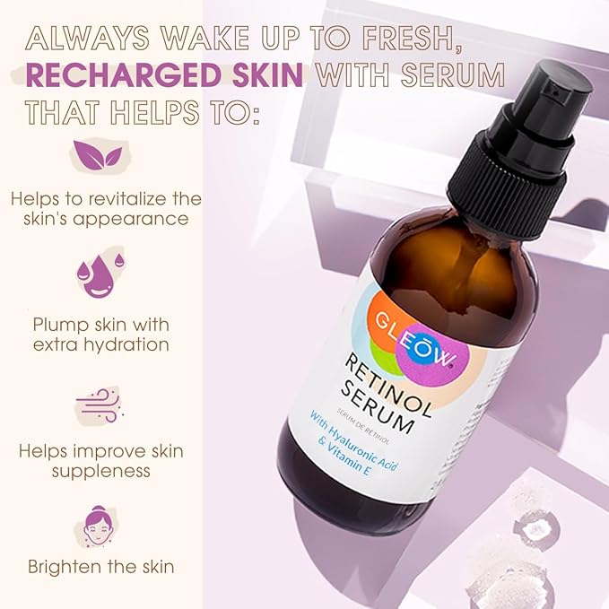 GLEOW Retinol Serum for Face with Hyaluronic Acid and Vitamin E, Gentle Retinol Face Serum Targets the Appearance of Fine Lines and Wrinkles, 2oz