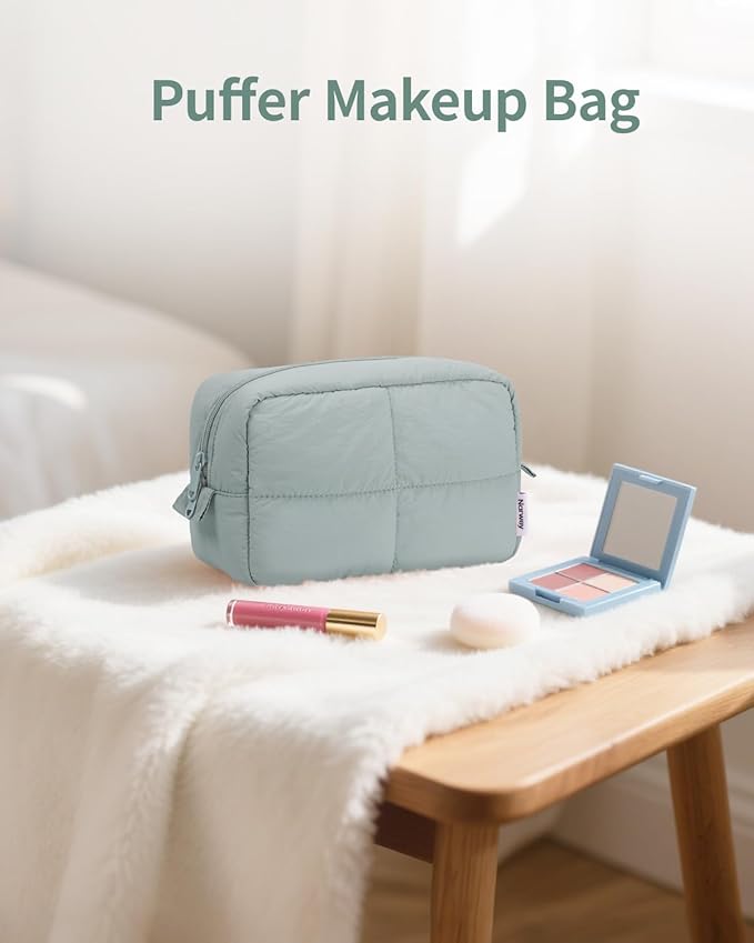 Narwey Travel Makeup Bag for Women Girl, Puffy Padded Make Up Bags Makeup Organizer, Lightweight Toiletry Bag for Cosmetics, Brushes, Travel Essentials (Sage Green)