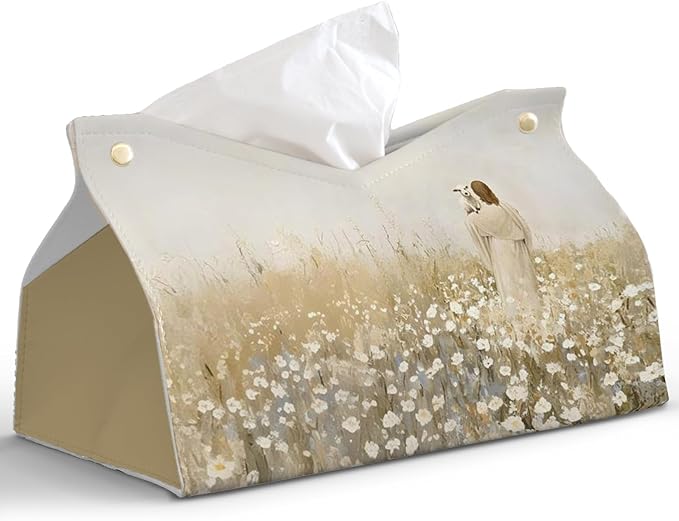 Jesus Leather Tissue Box Cover Rectangle,Christian Toilet Paper Box Holder,Christian Religious Decorative Facial Paper Case for Living Room Bathroom Kitchen Office Desk,9.8x5.9x5.9In