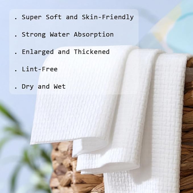Disposable Face Towels, Facial Cleansing Cloths, Extra Soft Makeup Removing Cleansing 10"×12" Face Towelettes, Skin Care and Makeup Removal, 103% Pure Plant Fiber