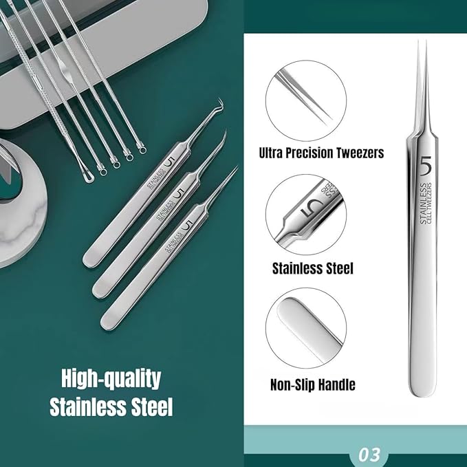 Usiveinborn Blackhead Remover Upgraded, Usiveinborn Blackhead Tweezers, Professional Upgraded Facial Blackhead Remover Tweezers, Blackhead Remover Tools Sets (A4-Red-8pcs)