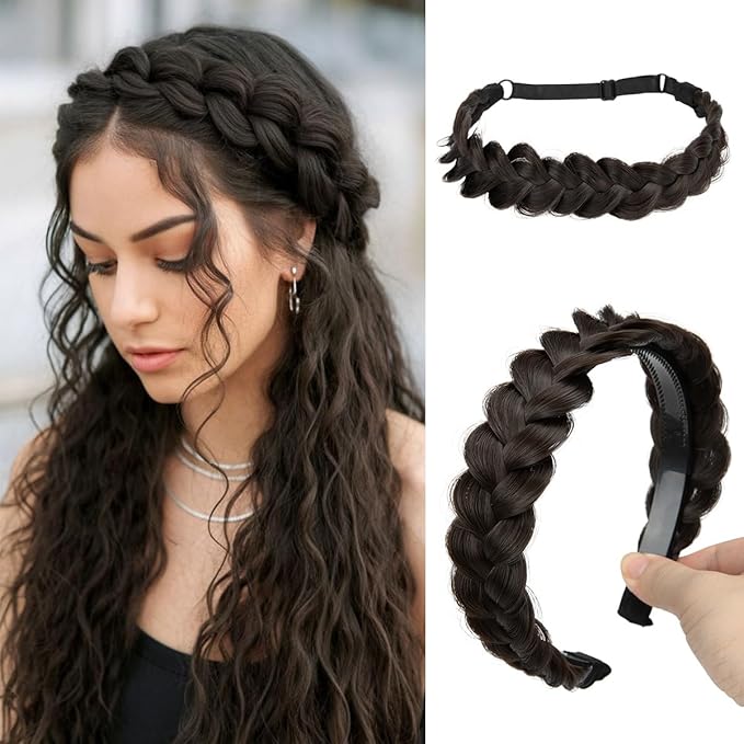 CJL HAIR 2PCs Braided Headbands Hair Piece for Women Synthetic Hair Hoops Head Bands Handmade Braid Hairband Accessories Elastic Stretch Headwrap Dark Brown