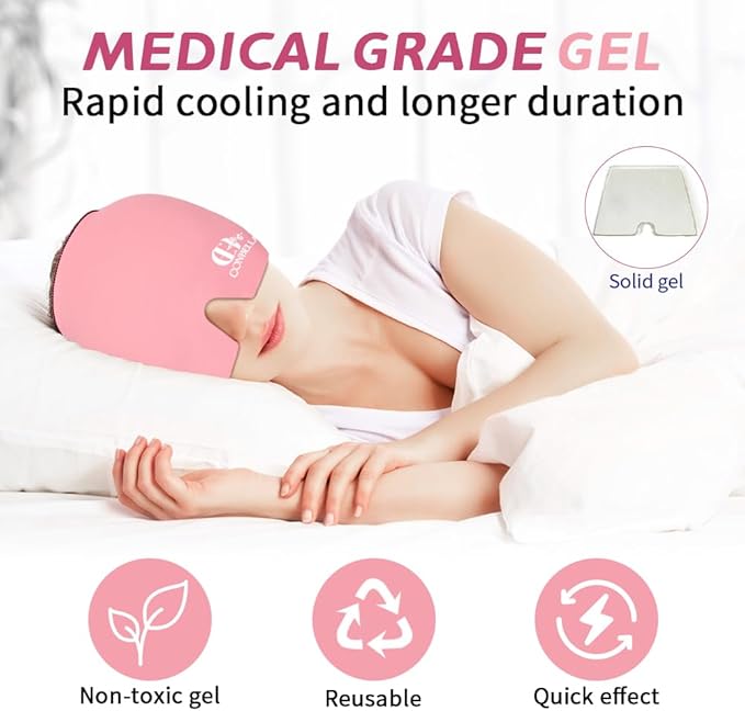 Migraine Relief Cap, Soothing Headache Ice Face Mask Products, Hot and Cold Therapy, Migraine Headache Relief Cap for Migraine, Sinus, Puffy Eyes, Tension, Stress and Hangover (Pink+Blue2)