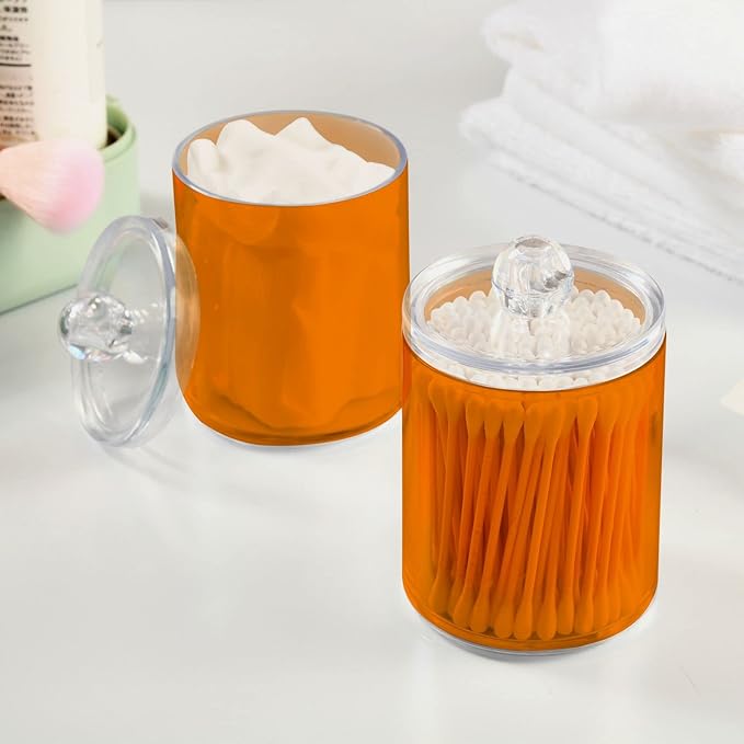 Orange Qtip Holder Organizer Dispenser Cotton Swabs Cans Plastic Jars with Lid Set 2 Pack Bathroom Storage Canister for Cotton Ball Floss Cotton Pads