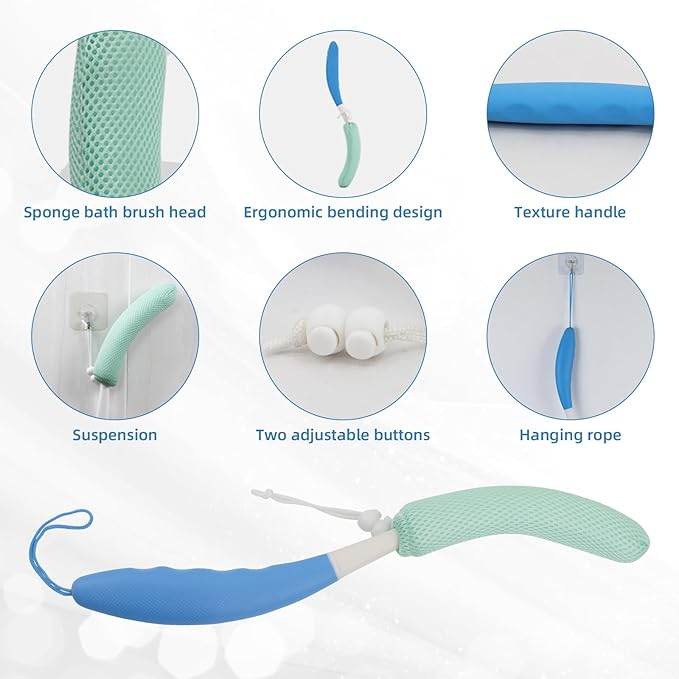 KkaFFe Shower Brush with Long Handle，15.35" Back Brush，Long Back Scrubber for Men Women，Long Handled Sponge Body Exfoliator, Loofah Back Scrubber for Aid Bathing