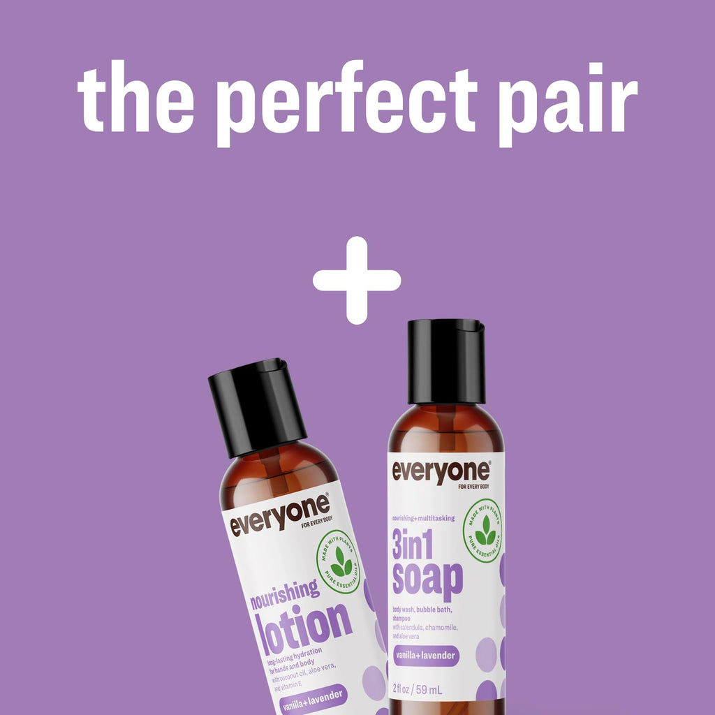 Everyone 3-in-1 Soap Body Wash, Bubble Bath, Shampoo, Travel Size, 2 Ounce (Pack of 12), Vanilla and Lavender, made with Essential Oils for Men and Women