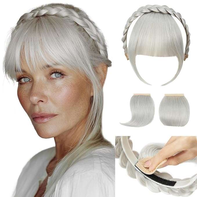 SARLA Braided Headband with 3 Detachable Clip in Bangs Fringe Hairpieces Fake Synthetic Hair Band Bangs for Women White