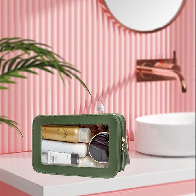 Clear Makeup Bag Organizer, TSA Approved Portable Travel Toiletry Bag Clear Cosmetic Bag Case Small Make Up Bag Mini Makeup Pouch for Purse Transparent Car Essentials for Women Men (Green)