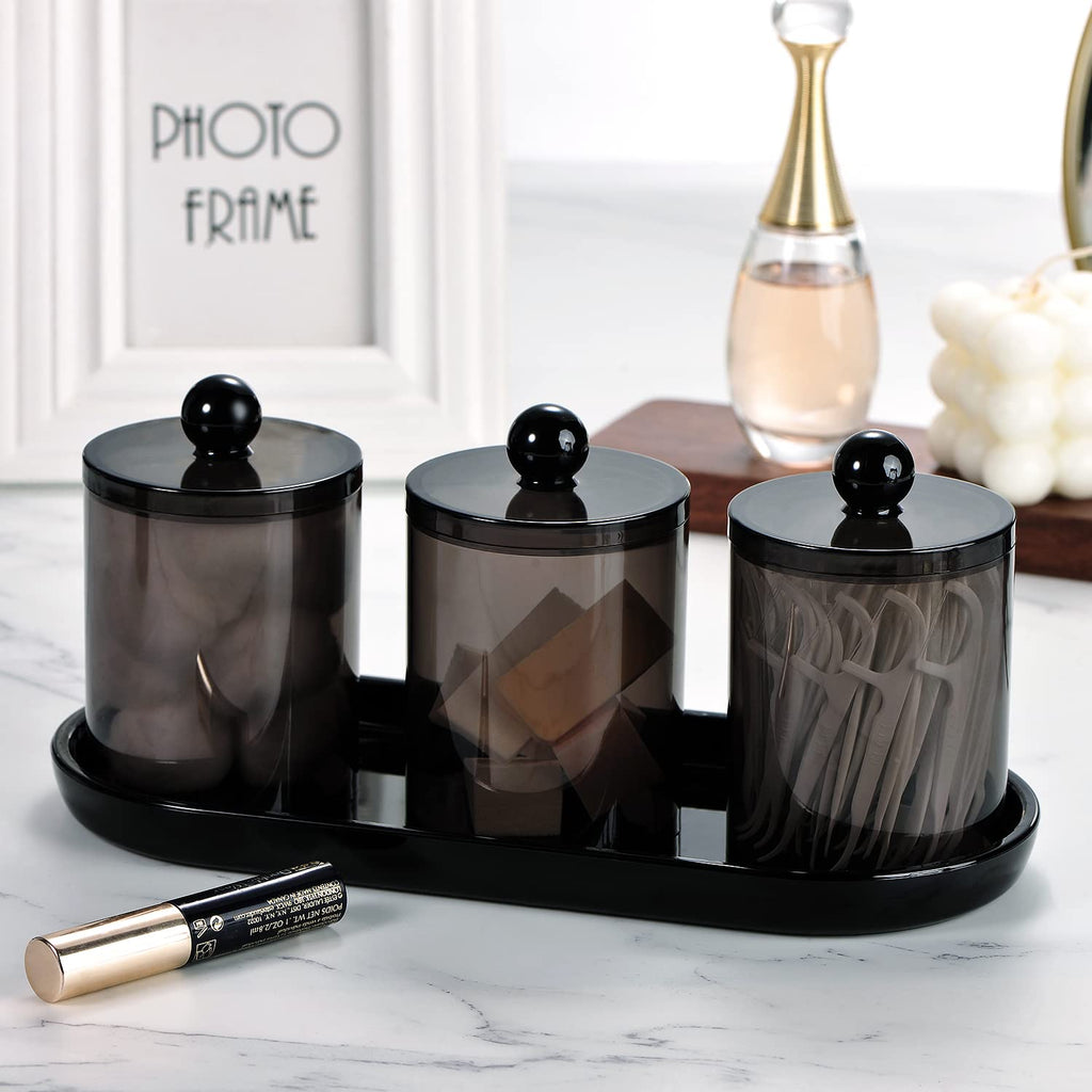 SheeChung 3 PCS Qtip Holder Bathroom Set with Tray, Acrylic Apothecary Jars