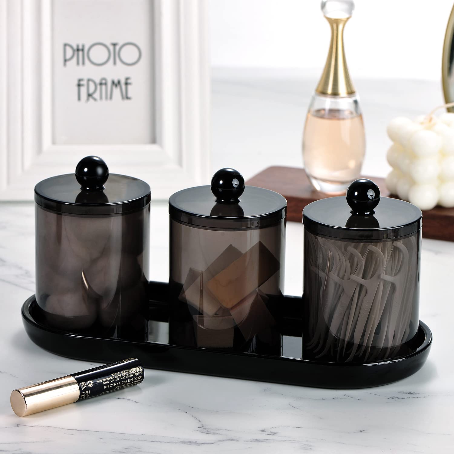 SheeChung 3 PCS Qtip Holder Bathroom Set with Tray, Acrylic Apothecary Jars