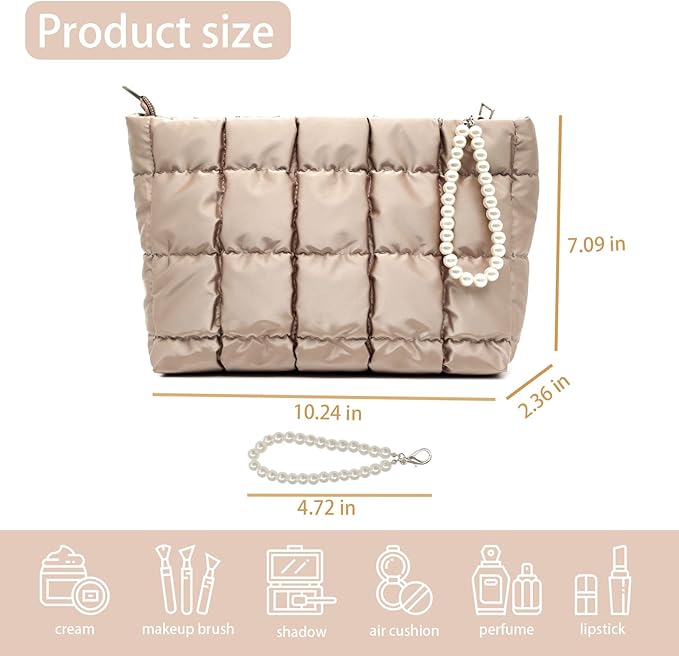 Beayuva Puffer Quilted Makeup Bag Travel Cosmetic Bag Portable Puffy Checkered Toiletry Pouch Skincare Organizer Purse Pencil Case (Champagne Gold)