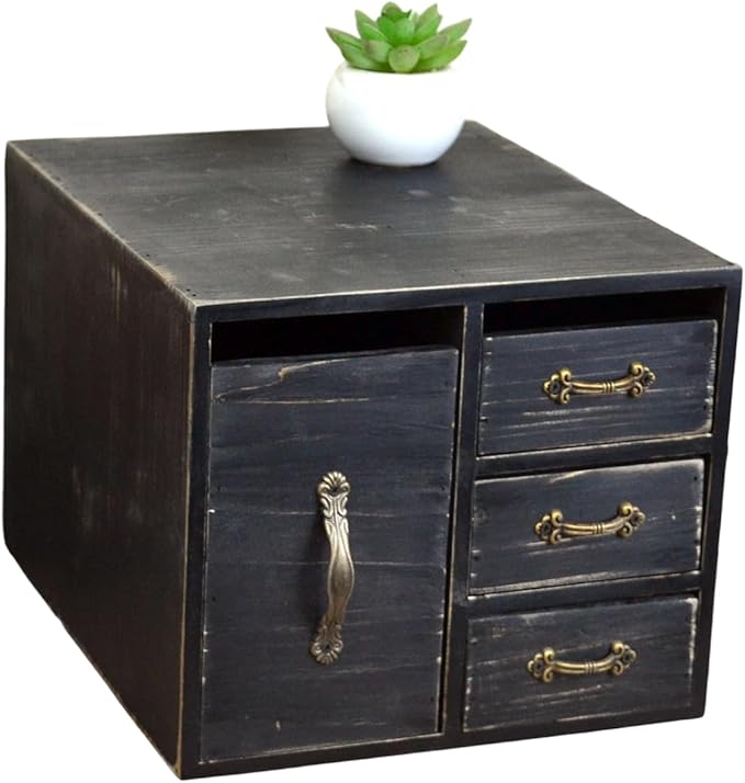 Juleduo Rustic Beauty Organizer 4 Drawers - kitchen storage Wooden Cosmetic Storage Box for Neat & Home Office Desk &Organize &Storing of Makeup Tools,Bathroom Counter-top(Black, L)