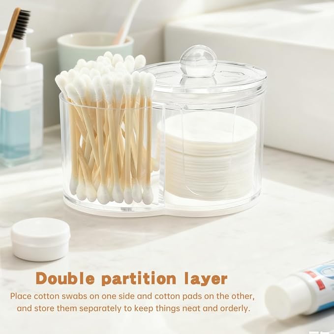 Zornaveli Q Tip Holder, 2-Grid Acrylic Cotton Swab & Cotton Pad Holder, 2 PCS Qtip Holder with Dustproof Lid for Bathroom,With 2 Pack of Qtips, Dressing Table Round Container