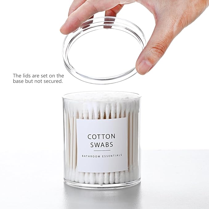 SheeChung 2-Pack Stackable Qtip Holder with Storage Lids - Clear Plastic Apothecary Jars for Bathroom Organization - Shatterproof Cotton Swab Dispenser with Labels - 10oz Vanity Counter Organizer