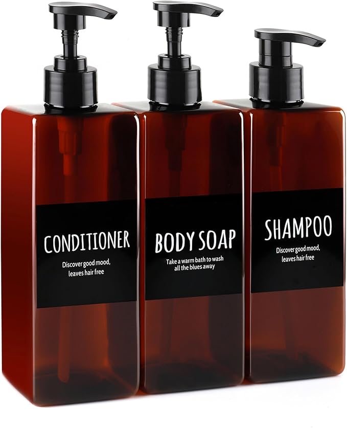 Shampoo and Conditioner Dispenser - Shower Shampoo Dispenser - 16.9 oz Soap Dispenser Set, 3 Black Plastic Bottles