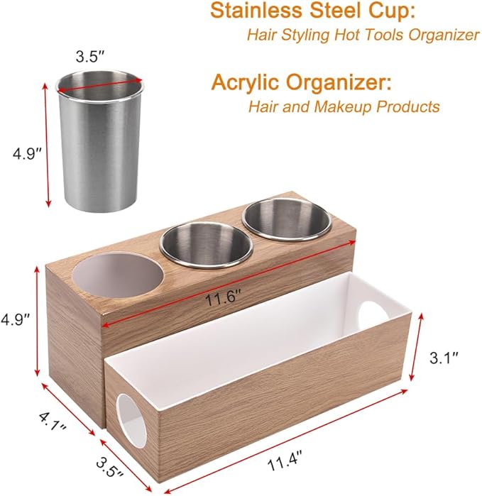 GFWARE Hot Hair Styling Tool Organizer with 3 Stainless Steel Cups, Wood