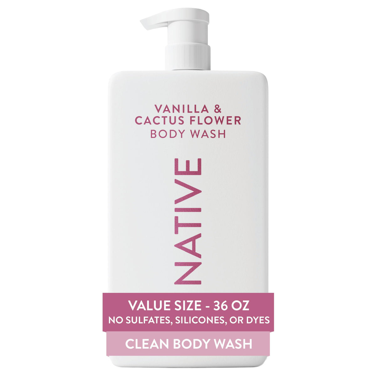 Native Clean Body Wash, Gentle & pH-balanced for Sensitive Skin, 24-Hr Freshness for Women & Men, Vegan & Cruelty-Free, Free of Sulfates, Parabens & Phthalates, Vanilla & Cactus Flower, 36 oz