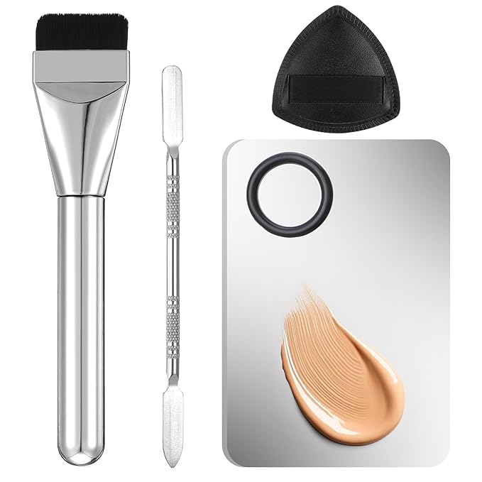 BOHUIZ 4 Pcs Makeup Foundation Mixing Palette Set Including Make Up Spatula, MakeupBrush, PaletteTray, Puff, Foundation Makeup Mixing Palette, MakeupPalette Tray (Stainless Steel)