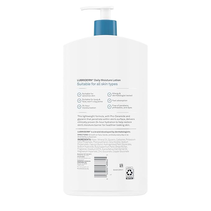 Lubriderm Daily Moisture Body Lotion + Pro-Ceramide, Body Lotion for Dry Skin, Shea Butter, Glycerin, Lightly Scented Hand Lotion, Non-Greasy 24-Hour Moisturizer, Paraben & Dye Free, 24 Fl Oz