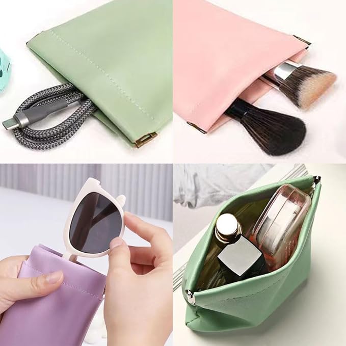 6 Pcs Small Makeup Bag for Purse, Snap Closure Organizer Pouch, Portable No Zipper Self-Closing Pouches for Travel Storage Bag Mini Pu Leather Pouches For Cosmetics Headphones Jewelry (Mix colors)