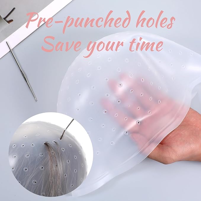 LIQWEI Punched Silicone Highlight Hair Cap with Needle, Professional Reusable Highlighting Poked Hole Caps with Hooks for Color Hair Salon Hairdressing Dyeing Staining Tools for Women Men