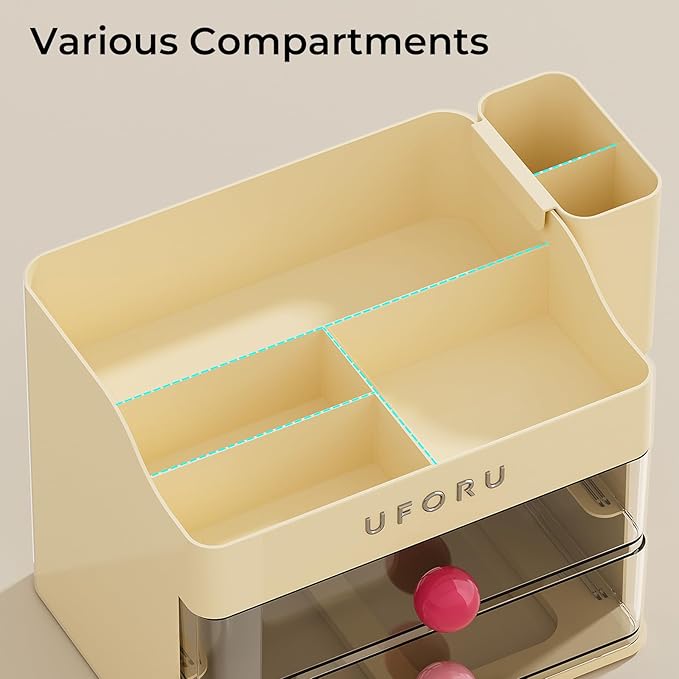 UFORU Makeup Organizer for Vanity with Brush Holder, Countertop Skincare Organizer with 2 Drawers, Spacious Cosmetic Display Case for Perfumes, Eyeshadow Palettes, Nail Polishes