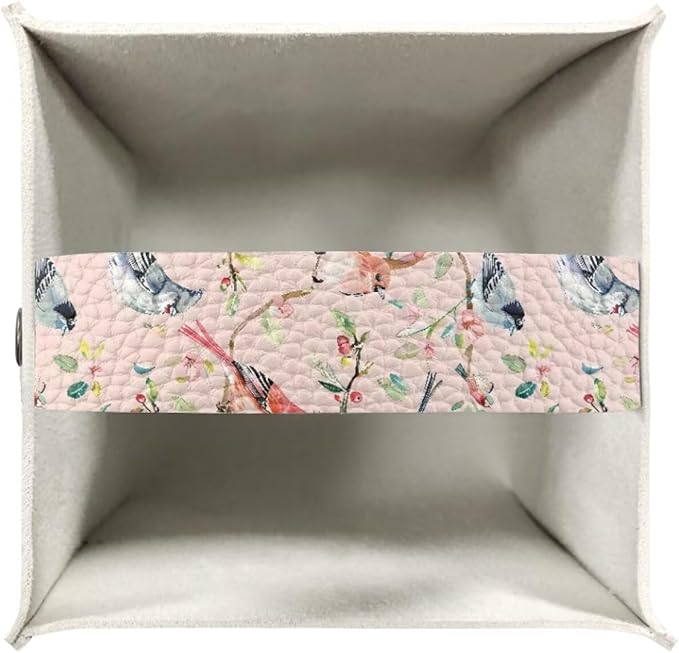 Bird Flowers Tissue Box Holder, PU Leather Square Napkin Cover with Metal Button, Waterproof Tissue Organizer for Nightstand, Dining Table, Office Desk, and Car Interior