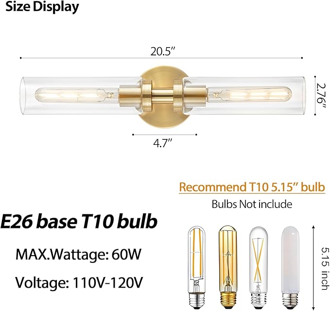 2 Light Bathroom Wall Sconce Set of 2,Modern Farmhouse Brushed Brass Gold Bathroom Light Fixture Over Mirror with Clear Glass Shade,Vanity Light for Hallway Cabinet Bedroom Stairway Porch