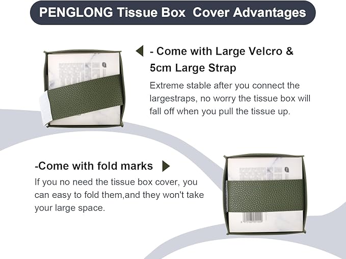 PENGLONG Tissue Box Cover 5X5X5'' PU Leather Tissue Holder Square Tissue Cube Box Organizer for Bathroom Vanity Countertop, Car, Night Stands, Office, Home, Kitchen (2Pack, Dark Green)