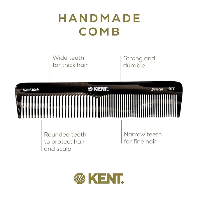 Kent 16T Fine and Wide Tooth for Daily Grooming,Handmade Styling Comb for All Hair Types,Wet or Dry Hair Detangling Comb for Men and Women,Saw Cut Hand Polished, Made in England Graphite