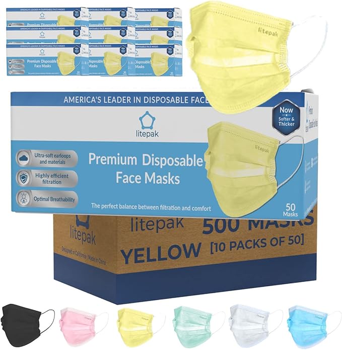 Litepak 500pcs Premium Disposable Face Mask SOFT 3ply Nose Wire - Yellow