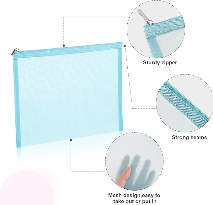 Boao 6 Pieces Mesh Makeup Bags Mesh Cosmetic Bag Portable Travel Organizing Zipper Pouch Toiletries Makeup Pouches for Home Office Travel Accessories(Light Blue)