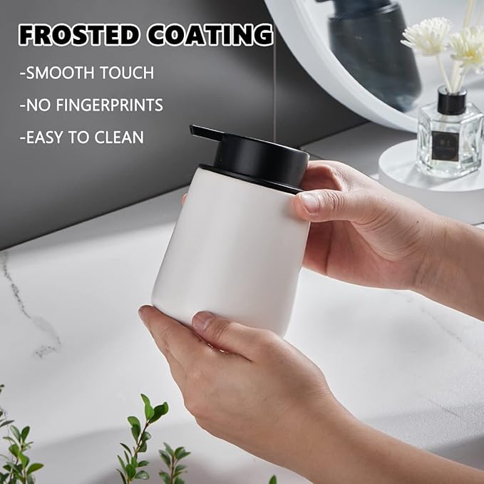 12Oz Hand Soap Dispenser Set - 2 Pack Ceramic Foam Soap Dispenser Set with Easy-to-Press Black Pump, Refillable Mordern Foaming Dish Soap Dispensers for Bathroom & Kitchen (White, Foam Pump)