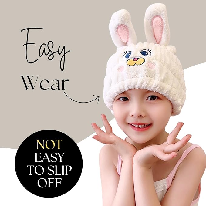 LCBD Microfiber Hair Towel Wrap for Kids, White Rabbit Dry Hair Cap Suck Water, Absorbent Quick Girls Boys Hair Drying Towel, Lightweight Bouncy Hat Headscarf for Wet Hair