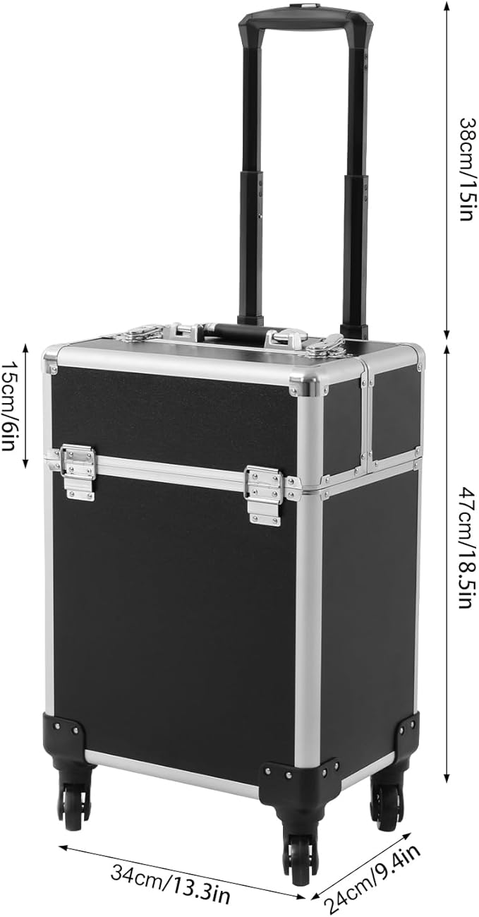 KHROOLT Professional Rolling Makeup Case with Retractable Handle, Aluminum Alloy Cosmetic Organizer with Locks & Wheels, Large Capacity Beauty Travel Case for Makeup Artists, Black