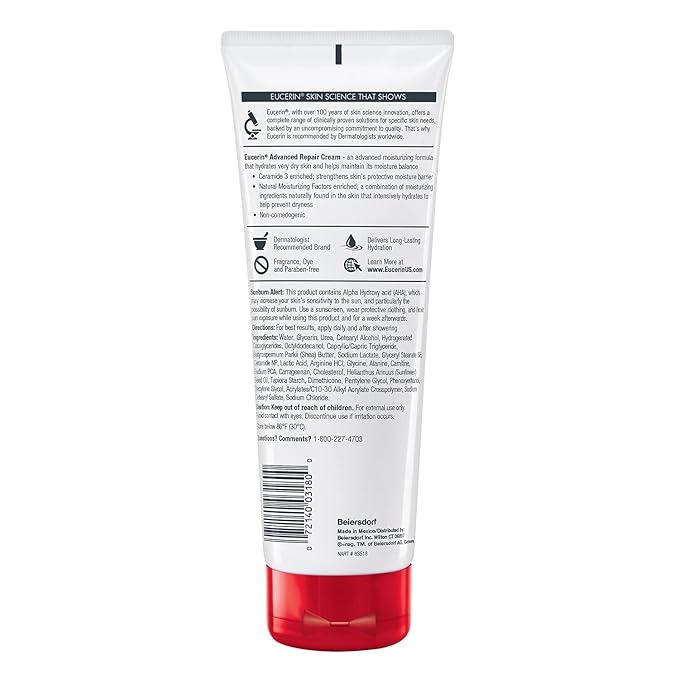 Eucerin Advanced Repair Body Cream, Urea Enriched, Unscented Body Cream for Dry Skin With Triple Moisturizing Complex, 8 OZ Tube