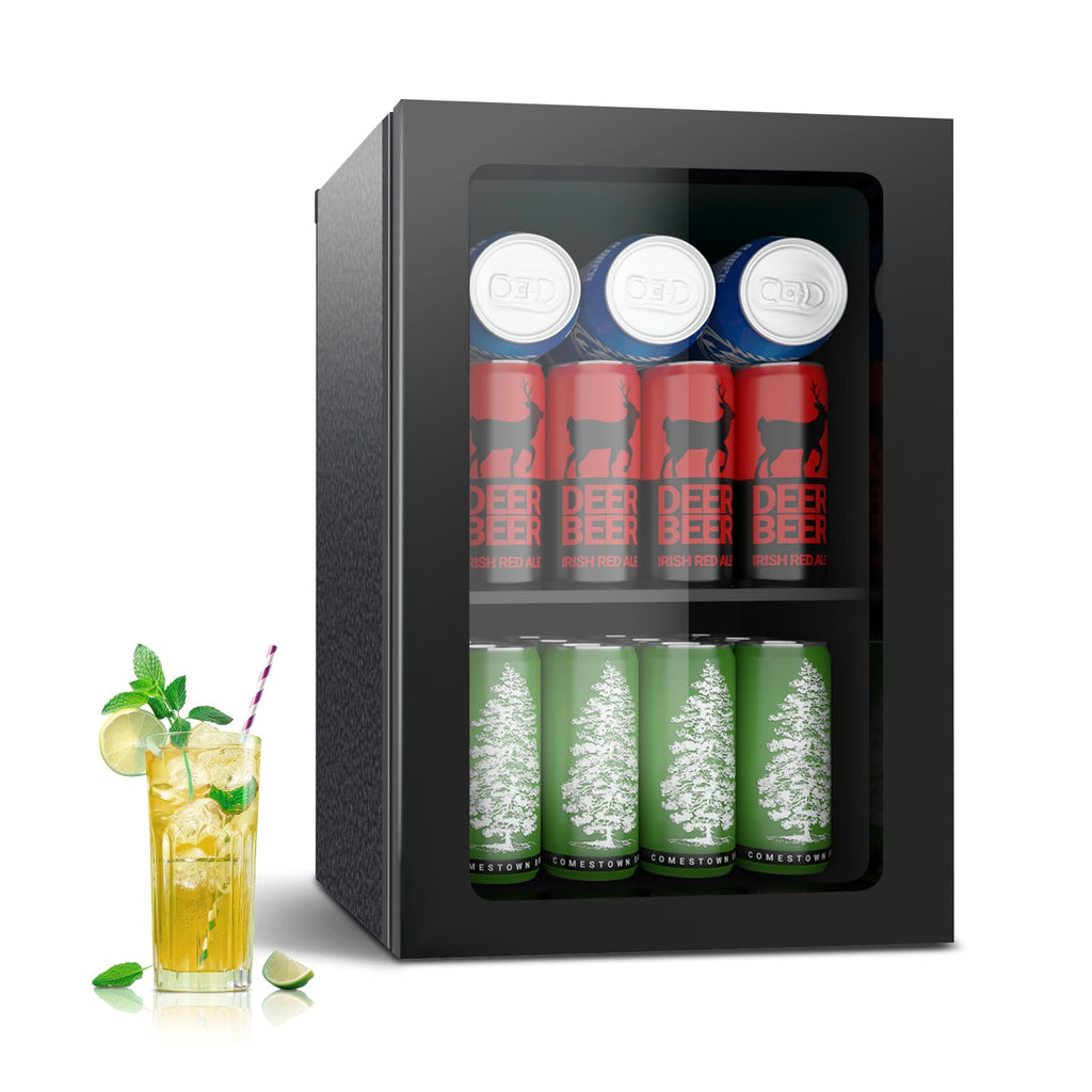 Stopasd Beverage Refrigerator Cooler, 0.9 Cu.Ft/24 Can Drink Fridge with Adjustable Shelves & Clear Door for Soda Wine Beer, Countertop Mini Fridge, Compact Design for Home/Office/Bar (40-61 ℉), Black