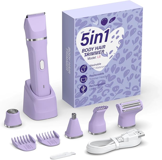 HOHOLE 5-in-1 Bikini Trimmer for Women, IPX7 Waterproof Electric Razors Shaver, Cordless Body Hair Trimmer, Facial & Pubic Hair Removal, Ceramic Blade (Purple)