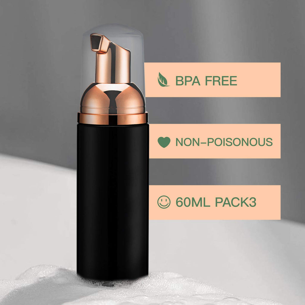 Owlyee Travel Foam Pump Bottle - 2oz Small Size Foaming Hand Soap Dispenser - Mini Portable Mousse Lash Shampoo Kit Container for Hair - Empty Leak Proof Plastic Rose Gold &Black Foamer 30Pack