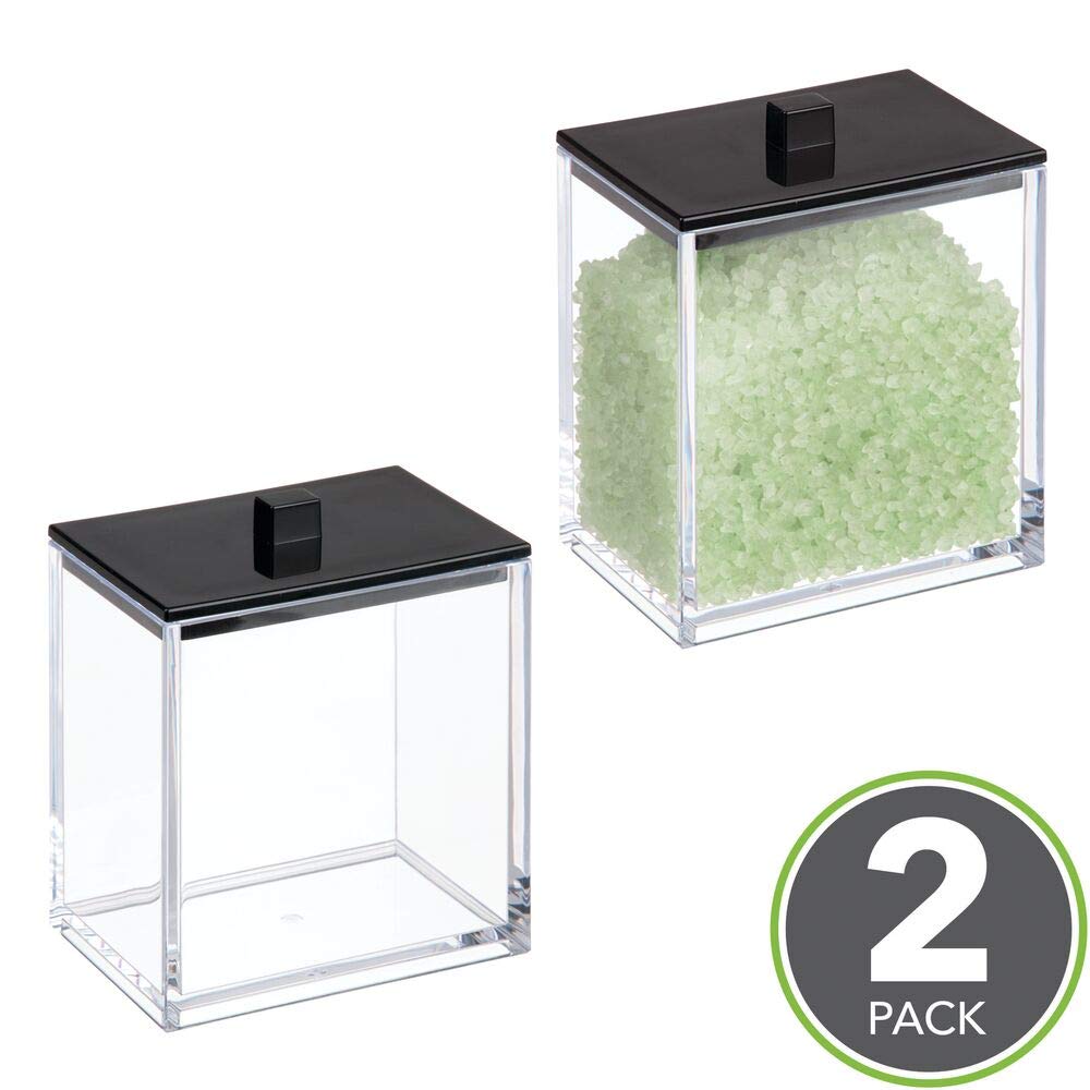mDesign Plastic Rectangle Apothecary Canister - Organizer for Bathroom Vanity Countertop Shelf Decor - Holds Cotton Swabs, Soap, Makeup, Bath Salts - Lumiere Collection - 2 Pack - Clear/Black