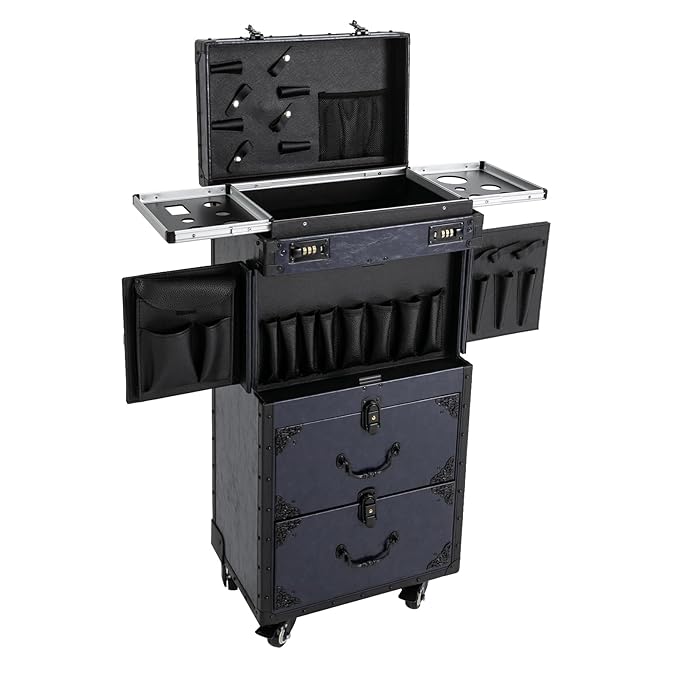 CNCEST Beauty Salon Luggage,Rolling Lockable Makeup Train Case Hairdressing Trolley Stylist Beauty Salon Cosmetic Luggage Travel Organizer Tool Box with Hair Dryer Holder(Dark Blue)