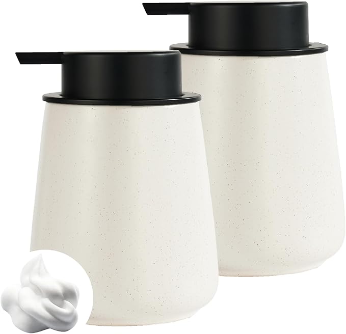 12Oz Hand Soap Dispenser Set - 2 Pack Ceramic Foam Soap Dispenser Set with Easy-to-Press Black Pump, Refillable Mordern Foaming Dish Soap Dispensers for Bathroom & Kitchen (Beige, Foam Pump)