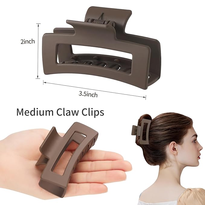 Sisiaipu Hair Clip, 3.5 Inch Medium Square Claw Clips Rectangle Clips 6 Pack Rubber Paint Acrylic Plastic Metal, Non-Slip Design for Women Girls - Coffee