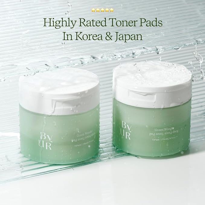 ByUR Green Wonder Keep Peace Toner Pads - Gentle Exfoliation, Soothing & Redness Care for Sensitive Skin, PHA & LHA, Centella Asiatica, 100% Organic Cotton, Facial Pore Care Korean Skincare (70 Count)