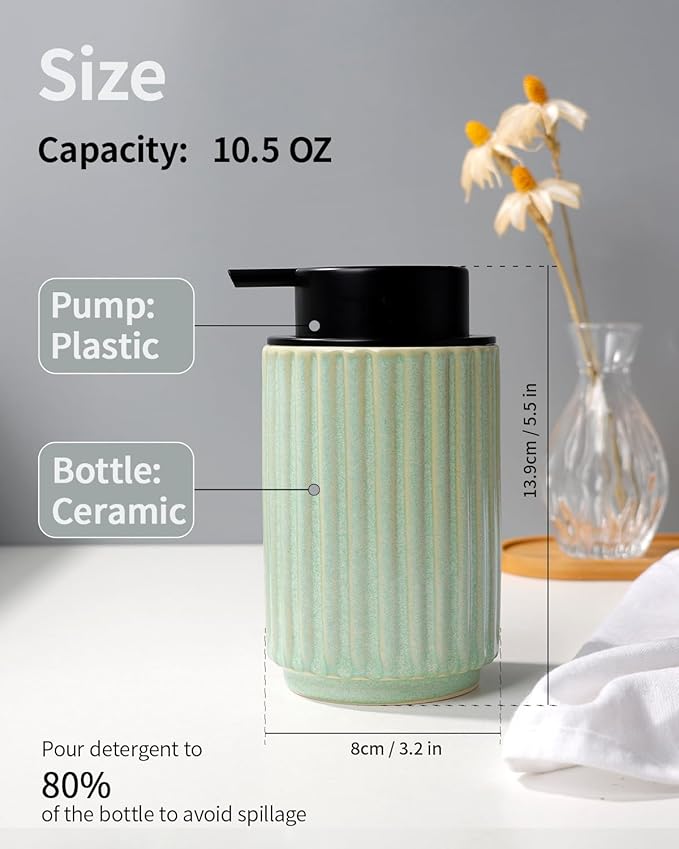 Foaming Soap Dispenser, Green Ceramic Refillable Foam Hand Soap Pump for Bathroom Kitchen, 10.5OZ Lotion Dispenser, Foaming Dish Soap Dispenser, Modern Stripe Design, ANTIS'S HOME
