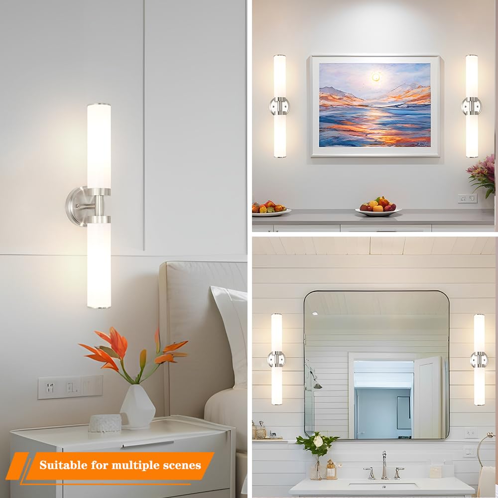 OIYIO Brushed Nickel Wall Sconces Set of 2, Modern Bathroom Vanity Lights for Mirror, Wall Light Fixtures with Milk Glass for Bathroom, Bedroom, Hallway, E26 Base, Bulbs Required, 22.05 Inch