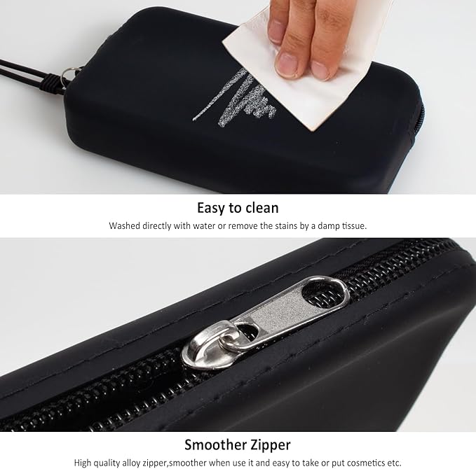 Silicone Small Makeup Pouch for Travel, Toiletry Bag Cute Portable Cosmetic Organizer - Waterproof, Mini Zipper Clutch - Black