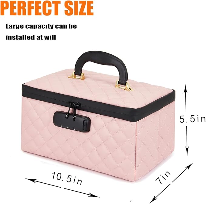 KaAutoler Portable makeup box with Lock, Large Capacity Travel Makeup Case Organizer, Makeup Bags for Girls Traveling With Handle and Divider Makeup Bag (Pink)